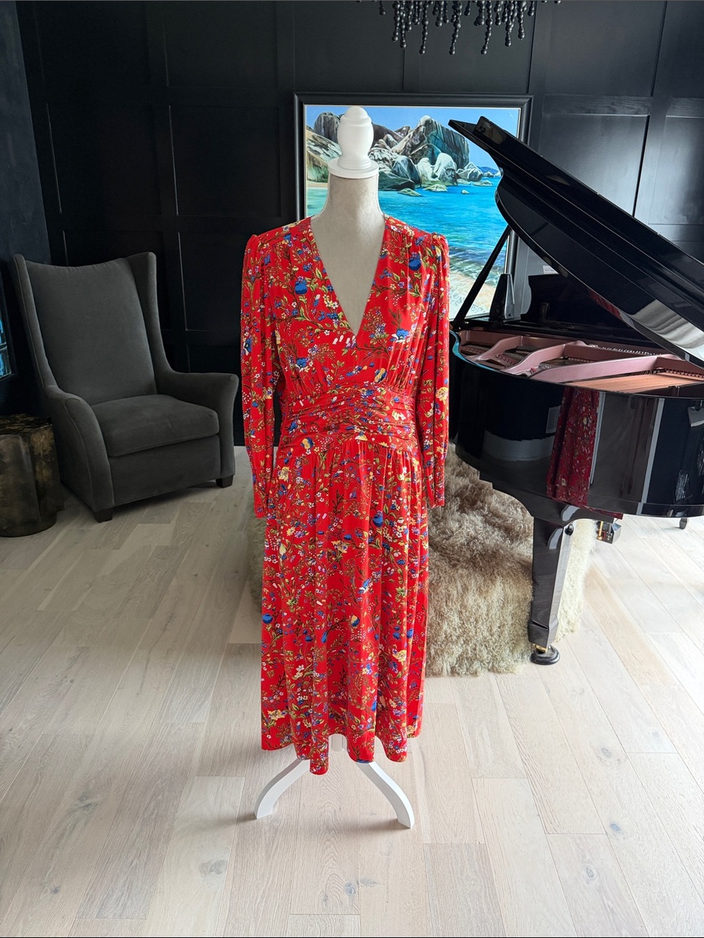 ME + EM Floral Red Midi Dress with V-Neck